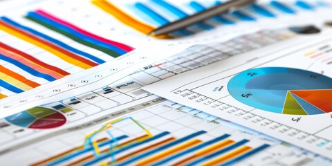 Poster - An organized financial workspace with portfolio analysis documents, including line graphs, pie charts, and data sheets, illustrating thorough examination and investment strategies
