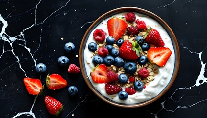 Wall Mural - Vibrant yogurt bowl adorned with fresh strawberries, blueberries, and raspberries on textured white marble against a sleek dark background