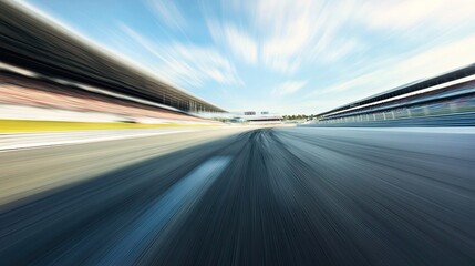 F1 Race Track Circuit with Motion Blur: High-speed F1 race track circuit with motion blur and grandstand stadium, showcasing Formula One racing.