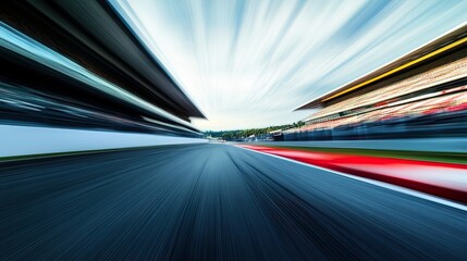 F1 Race Track Circuit with Motion Blur: High-speed F1 race track circuit with motion blur and grandstand stadium, showcasing Formula One racing.