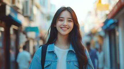 Poster - A joyful young woman in a denim jacket beams with happiness. The vibrant HD image captures her adventurous spirit.