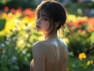 Poster - A young woman strolls in a summer dress, illuminated by sunlight, with a stunning garden backdrop filled with blooms.