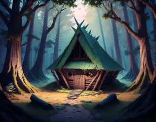 A shack in an ancient forest.