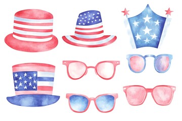 4th July festive vector set isolated on white background. USA Independence Day elements with American flag, sweets, balloons, fireworks, glasses, garland. For Poster, Banner for sale, web template