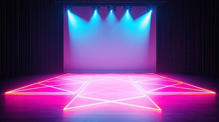 Poster - Contemporary Dance Stage Illumination, vibrant backdrop with spotlight on empty stage, features artistic lighting elements, geometric shapes projected onto the floor.