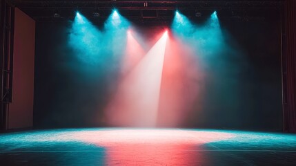 Poster - Modern Dance Stage Illumination, a vibrant scene featuring a spotlight on an empty stage, designed for contemporary dance, emphasizing dynamic artistic lighting elements.