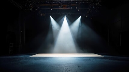 Poster - Dynamic Dance Stage Aura, an empty stage illuminated by a vivid spotlight, featuring artistic lighting elements that enhance the ambiance for contemporary dance performances.
