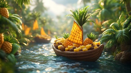 Pineapple boat sailing through a tropical river with palm trees.