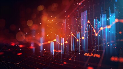 Fototapete - Close-up of an abstract financial chart with a rising trend line against a dark background with bokeh effects.