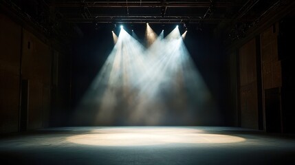 Poster - Modern Dance Stage Illumination, an empty stage illuminated with dynamic lighting, vibrant colors and bright flashes create an energetic atmosphere for contemporary dance performances.