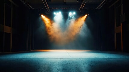 Poster - Vibrant Modern Dance Stage with Spotlight, an illuminated empty stage showcasing dynamic lighting elements and bursts of brightness for a contemporary dance performance