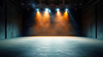 Poster - Vibrant Contemporary Dance Stage, featuring a spotlight on an empty stage, artistic lighting elements creating an energetic atmosphere, bright flashes enhancing key moments.