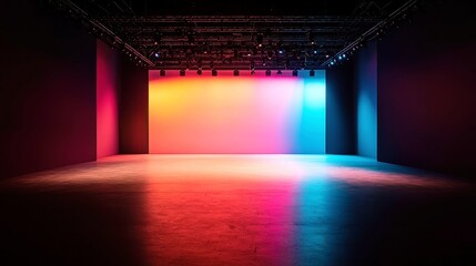 Poster - Vibrant Modern Dance Stage, an empty stage illuminated with fluid rainbow lighting, creating a dynamic backdrop for contemporary dance performances.
