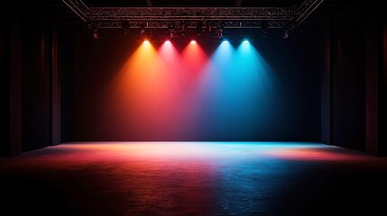 Poster - Vibrant Stage Illumination for Contemporary Dance, an empty stage with dynamic rainbow lighting, creating an artistic atmosphere and enhancing the performance experience.