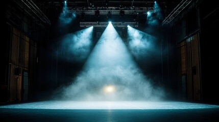 Poster - Contemporary Dance Stage Illumination, dynamic atmosphere with fog and a prominent overhead spotlight, emphasizing the elegance and artistry of modern dance performance settings