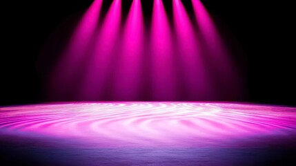 Poster - Modern Dance Performance Space, an empty stage illuminated by vibrant spotlights, featuring artistic lighting with rippled water projections to enhance contemporary movement.