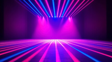 Poster - Modern Dance Stage Illumination, vibrant backdrop with spotlight on empty stage, contemporary dance performance atmosphere, artistic laser lights creating sharp lines and patterns.