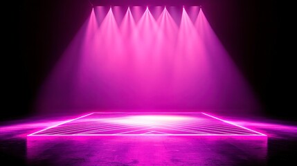 Poster - Modern Dance Stage Illumination, vibrant backdrop featuring a spotlight on an empty stage, artistic lighting with laser lights creating sharp lines and patterns for a contemporary performance