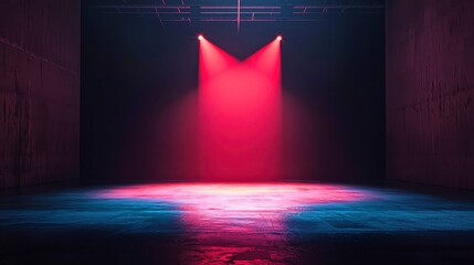 Poster - Vibrant Modern Dance Stage Illumination, showcasing a spotlight on an empty stage, featuring artistic lighting elements with gradual color shifts to enhance the performance's mood.