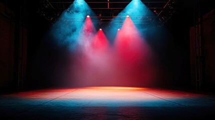 Poster - Vibrant Stage Illumination for Contemporary Dance, featuring a spotlight on an empty stage, showcasing artistic lighting elements with a gradual fade from darkness to full light.