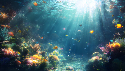 A dreamy underwater scene with schools of colorful fish, corals, and rays of sunlight penetrating through the water’s surface