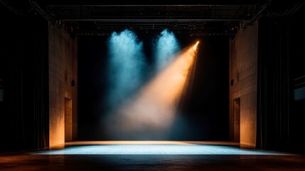 Poster - Vibrant Stage Illumination for Contemporary Dance, a dynamic backdrop with a spotlight on an empty stage, featuring colorful lighting shifts that enhance the performance's emotional depth