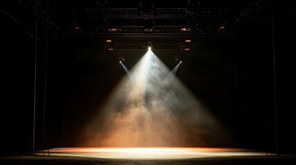 Poster - Modern Dance Stage Illumination, vibrant backdrop featuring a spotlight on an empty stage, designed for contemporary performance, showcasing artistic lighting transitions from darkness to full light