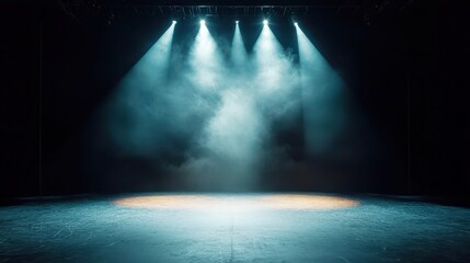 Poster - Modern Dance Stage Illumination, vibrant backdrop with spotlight on empty stage, designed for contemporary dance, featuring artistic lighting elements and gradual fade transitions.