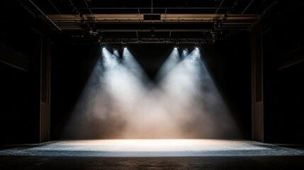 Poster - Modern Dance Stage Illumination, vibrant backdrop with spotlight on empty stage, designed for contemporary dance, featuring artistic lighting elements and gradual fade transitions.