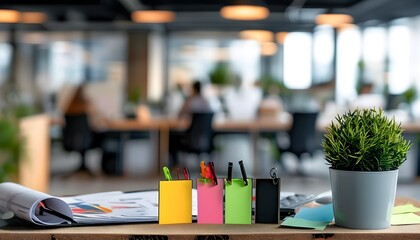 creative workspace with office supplies and a softly blurred backdrop