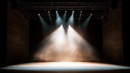 Poster - Modern Dance Stage Illumination, vibrant background with spotlight on empty stage, artistic lighting elements, flickering candlelight effects creating intimate atmosphere
