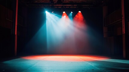 Poster - Modern Dance Stage Illumination, vibrant backdrop with spotlight on empty stage, designed for contemporary dance, artistic lighting elements with mirror ball reflections scattering light.