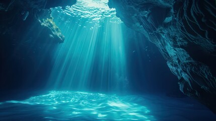 Wall Mural - A mysterious underwater cave with shafts of light filtering through the entrance and marine life swimming around.