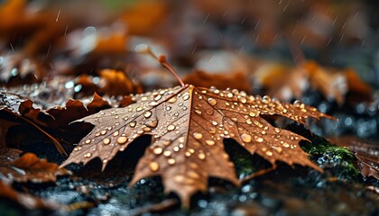 Wall Mural - Autumn forest floor adorned with a brown maple leaf glistening from fresh raindrops