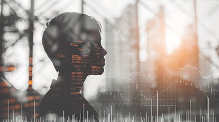 Poster - Silhouette of a person with a cityscape and data overlay in the background, illustrating a concept of data-driven progress and innovation.