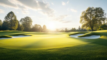 Beautiful golf course at sunrise, showcasing lush green grass, sand traps, and trees under a radiant sky. Perfect for outdoor sports.