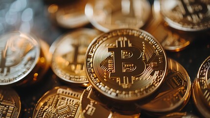 Poster - Close-up of a Bitcoin coin with a blurred background of other Bitcoin coins, representing the digital currency and its value.