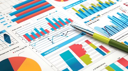 Poster - Close-up of financial charts and a pen, showing data analysis and business planning.
