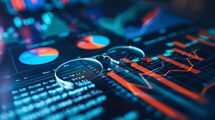 Poster - Close-up shot of a magnifying glass over financial charts and graphs on a digital screen represents the analysis and examination of financial data.