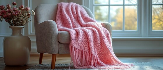 Pink fuzzy blanket draped on a gray armchair.