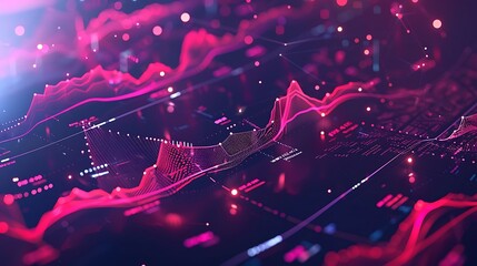 Poster - digital visualization of data with abstract lines, graphs and dots glowing in the dark.