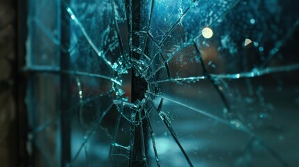 Broken glass window with large cracks, captured in a dramatic, low-light setting