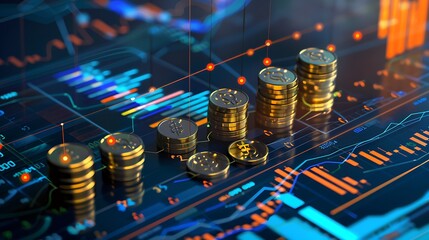 Poster - Close-up of a stack of gold coins on a digital screen with financial charts, representing financial growth and success.