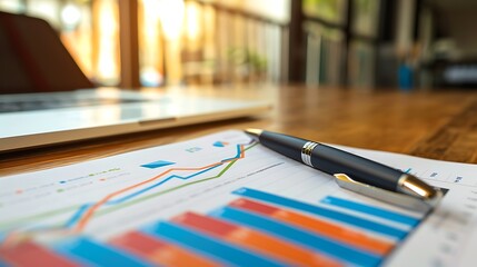 Poster - Close-up shot of a pen lying on document with graph for illustrating business analysis strategy planning success growth and achievement in professional financial context concept.
