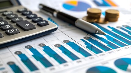 Poster - Close-up of financial charts with a calculator and pen, showing data analysis and financial planning.