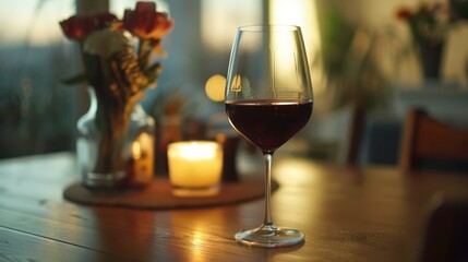 Elegant wine glass filled with red wine, positioned on a dining table with soft lighting