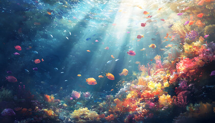 A dreamy underwater scene with schools of colorful fish, corals, and rays of sunlight penetrating through the water’s surface