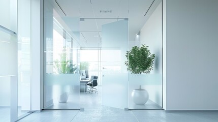 Frosted glass door with a minimalist etched design, opening into a bright, upscale office with contemporary decor.