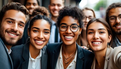 Wall Mural - Joyful selfie of diverse young professionals in suits celebrating teamwork on the city streets