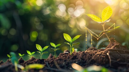 Wall Mural - close-up photo of a row of young plants growing in the soil, showcasing the growth of a single plant
